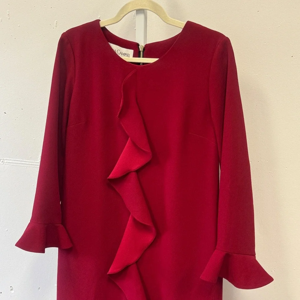 NWT Sara Campbell Red Crepe Cascade Ruffle Shift Dress Flounce Cuff Size‎ 8
